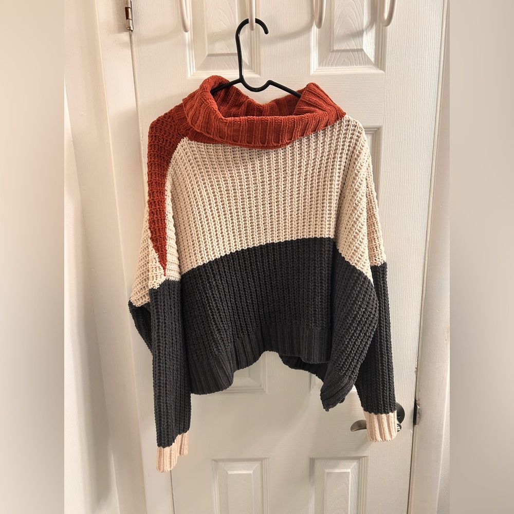 Pol Sweater Women's Medium Striped Knit Turtleneck Open Knit Chenille Cropped